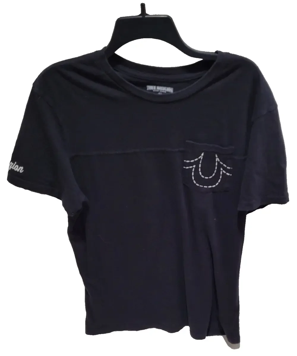 True Religion Shirt Mens 2XL Black Overtime Crew Neck Pocket Logo Tee Cotton